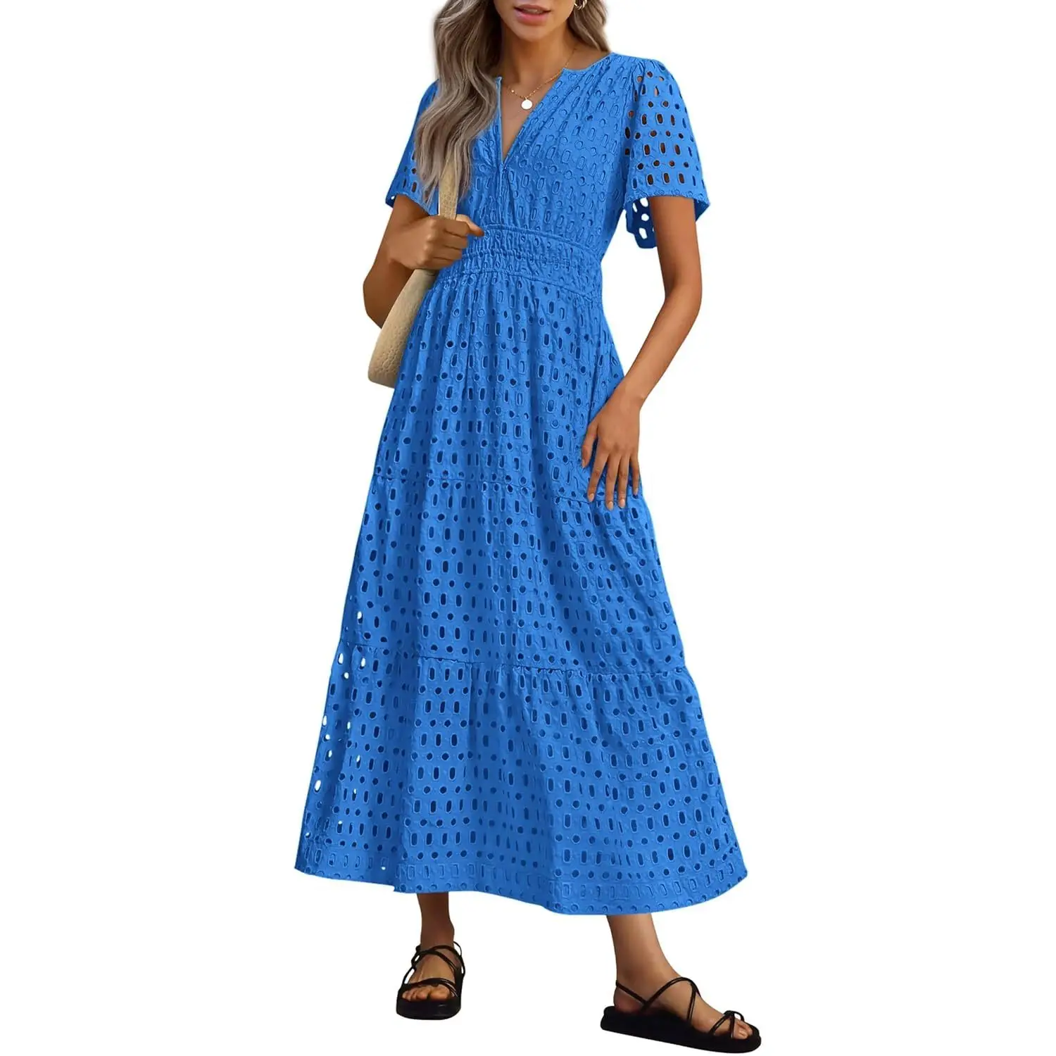 Women's Summer 2025 Maxi Dress V-Neck Hollow Eyelet Line Short Sleeve Long Flowy Beach Vacation Dress Belt XS Size