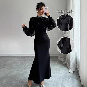 Mesh with Pearl Evening Dress with Train Long Sleeve Women Casual Dresses Fashional Ladies Bodycon Party Dress