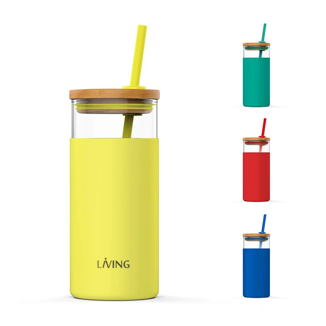 Eco Friendly Silicone Sleeve 450ml High Borosilicate Glass Tumbler With Bamboo Lid And Straw