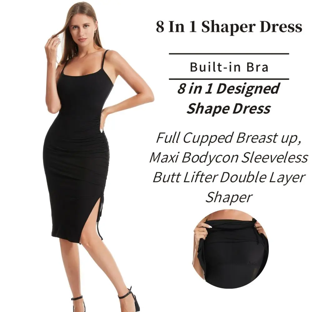 Built In Shapewear Dress Slip Pleated Split Drawstring Backless Slim