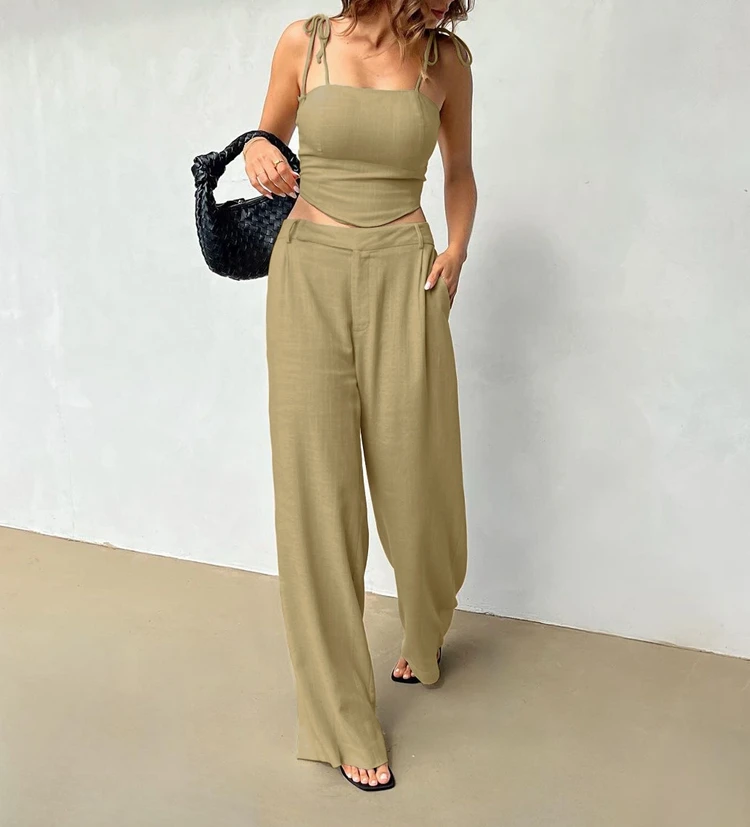 Enyami Women Cotton Linen Summer Sets - Wide Leg Pants