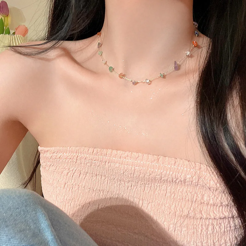 Rinhoo Delicate Colorful Natural Stone Choker Necklace Simple Link Chain Cute Women Girl Fashion Summer Necklaces