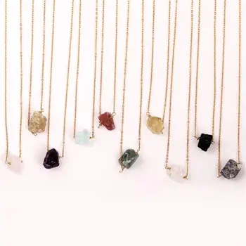 Beautiful Natural Raw Birthstone Steel Chain Mini Stone Pendant Gemstone Healing Crystal Citrine Rose Quartz Necklace for Women