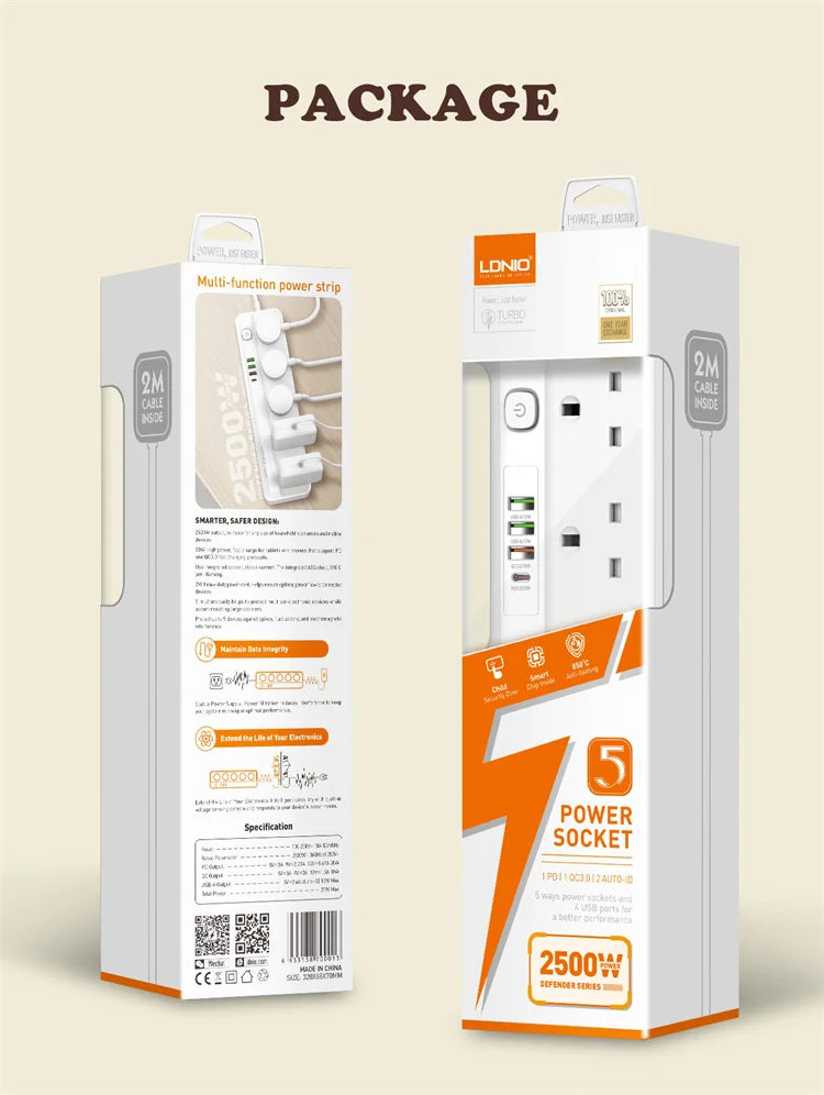 LDNIO SK5493 5 AC Outlets UK Power Strip description image 3