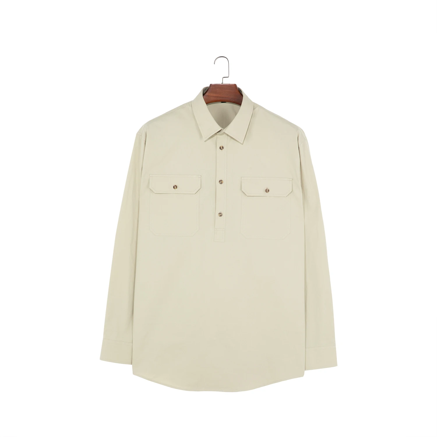 2024 Custom logo Half Button Front Heavy Cotton High Quality Shirt bar Tacks on Pockets Work Casual Shirts for Men
