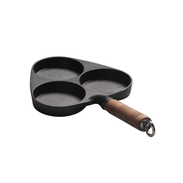 Source Cast iron skillet divided egg 3 hole tilting wooden handle