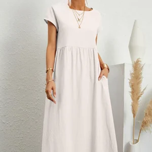 Customized LOGO Cotton Linen Dress Women's Long-sleeved Midi Dress Wrapped Maxi Spring Fitted Lotus Leaf Casual Dress