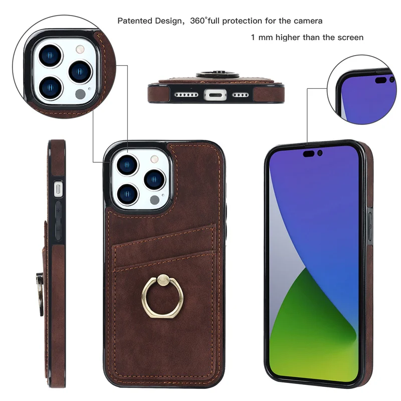 Wholesale for iphone 11 12 13 14 pro max leather card holder wallet case  with finger ring, for iphone 14 case cover with ring wallet From  m.