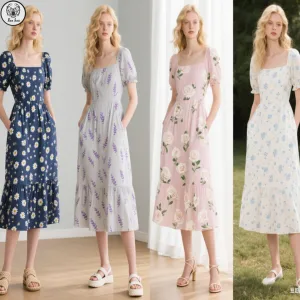 2026 Custom Logo Women's Summer Casual Vacation Factory Sexy Party Daily Vintage Ruffle Smocked Floral Boho Dress for Daily