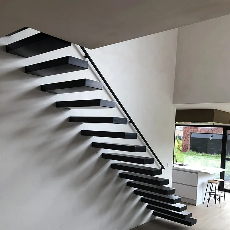 Nordic Style Central Stringer Supported Cantilevered Staircase Wall Floating Staircase Hidden Longitudinal Beam Stair
