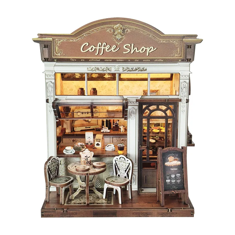Coffee House Doll Houses 3D Wooden Puzzle, CE Certified Eco-Friendly Miniature Architecture Book Nook
