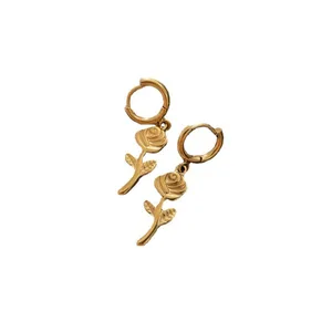 OEM Elegant Rose Flower Earrings Stainless Steel Jewelry 18K Gold Plating French Literary Vintage New No Fading Flower Charm