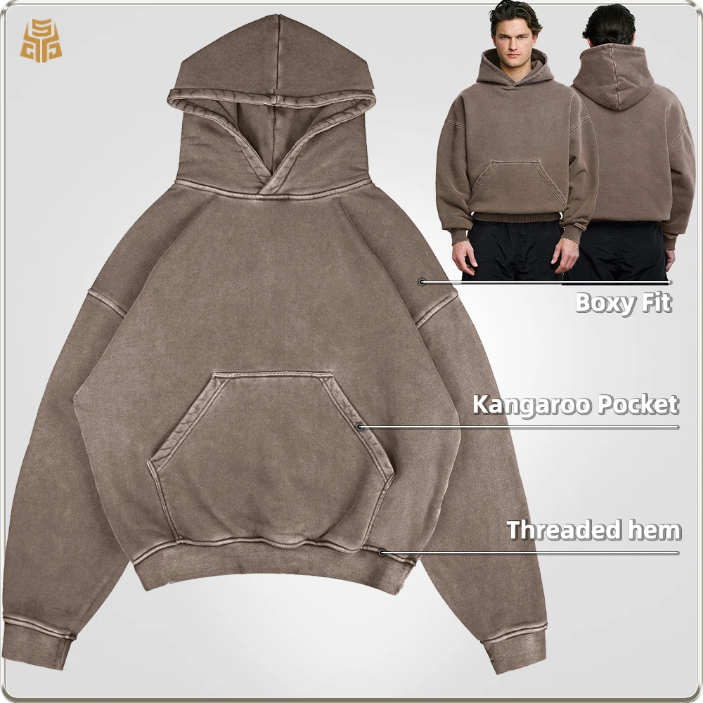 product 400gsm oversized heavyweight mens  hooded custom hoodie manufacturers  puff printing vintage boxy 100 cotton hoodie-2