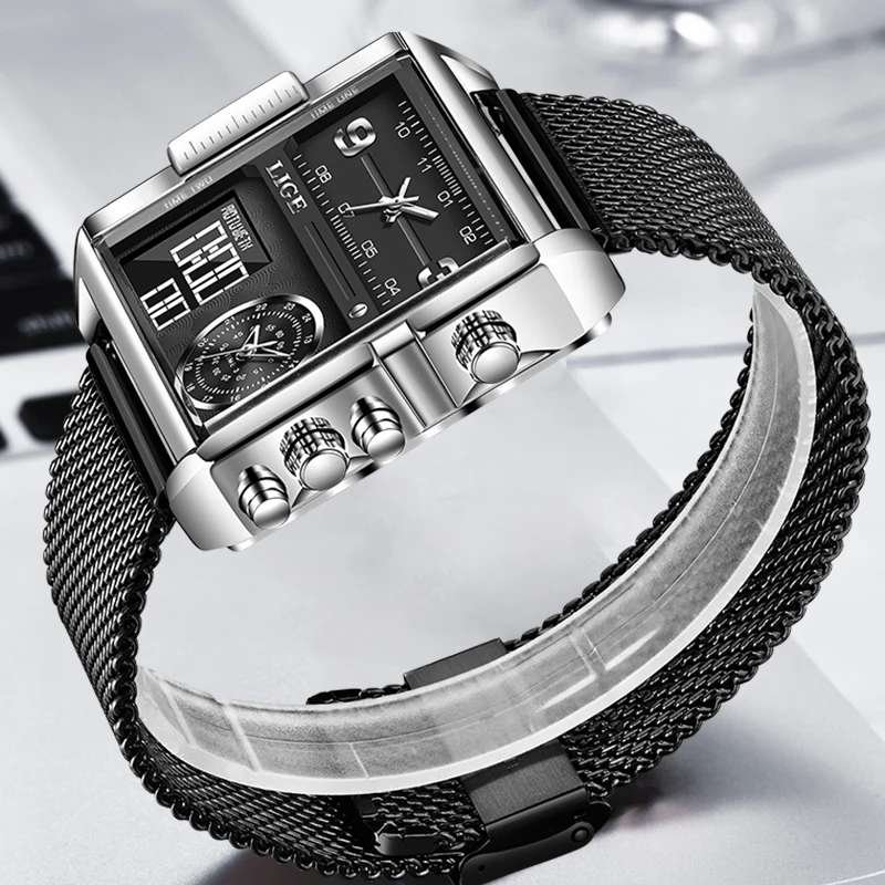 LIGE LG8925 Wholesale Price Watch for Men Waterproof Black Steel Mesh Wristwatch Quartz Analog Digital Watch Custom Logo OEM