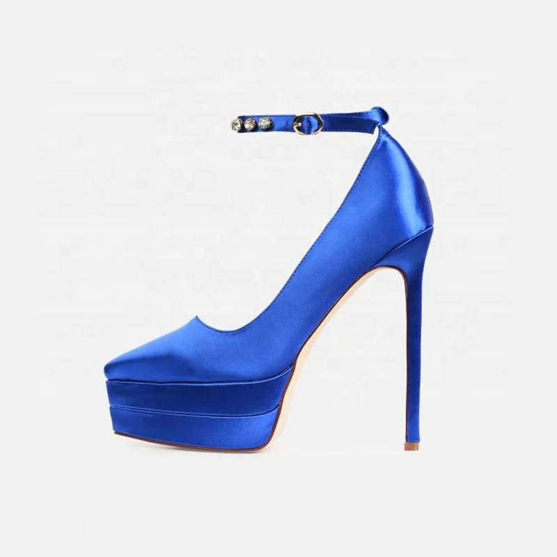 Summer Popular in Stock Pointy Toe Thick Platform Shoes Heels for Lady Party Dress Shoes Ankle Strap Diamonds Pumps Sandals