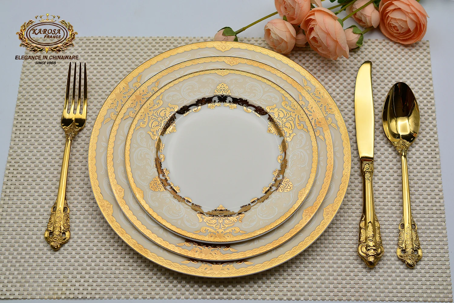 Goldene Tellerset-Sets Hochwertiges Geschirr mit Geprägtem Golddesign Luxuriöse Keramik-Teller für Hochzeiten und Hotels| Alibaba.com