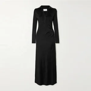 Clothing Manufacturer Custom Spring Autumn Polo Collar Long Sleeve Elegant Casual Maxi Black Jersey Dress