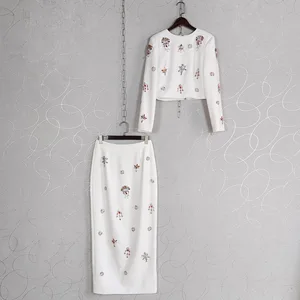 High Quality Autumn Winter 2 Pieces Set Women Full Sleeve Short Top + Slim Long Skirt Luxury Crystal Diamonds Party Set