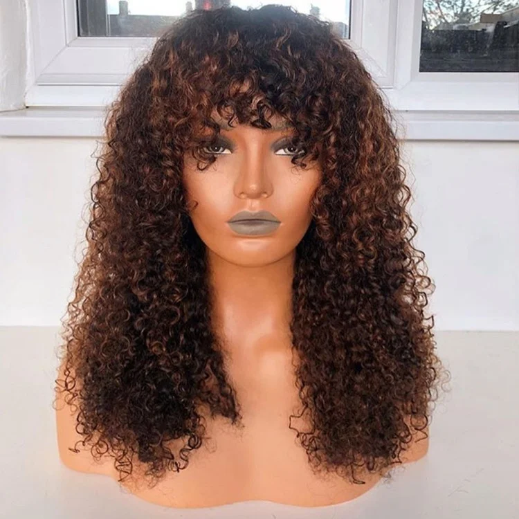 Cuticle Aligned 1B/30 Brown Kinky Curly Peruvian Human Hair Lace Frontal Wigs With Bang