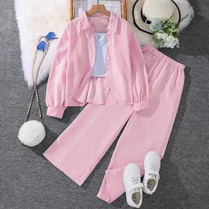 4-12 Years Candy Color Vertical Stripes Button Cardigan Kids Clothing Long Sleeve Shirt and Pants Children's Girl Clothing Sets