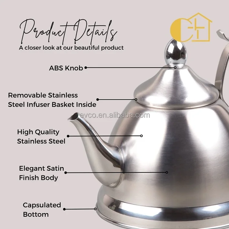 Creative Home Nobili-Tea 1.0 Quart Stainless Steel Tea Kettle with Infuser  Basket and Aluminum Capsulated Bottom for Even Heat Distribution, Satin