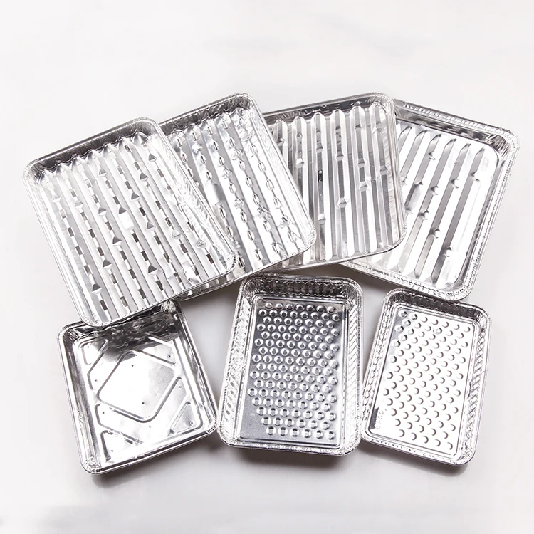 product 1000ml certified durable broiler pans rectangle disposable tin foil bbq grill perforated aluminum foil bbq tray with holes-3