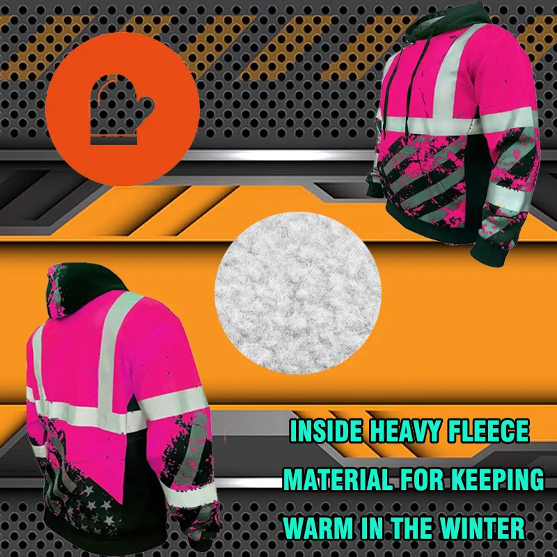 High Visibility American Fluorescent Flag Pink Safety Hoodie ANSI Class 3 Reflective Workwear Sweatshirt Construction Jacket