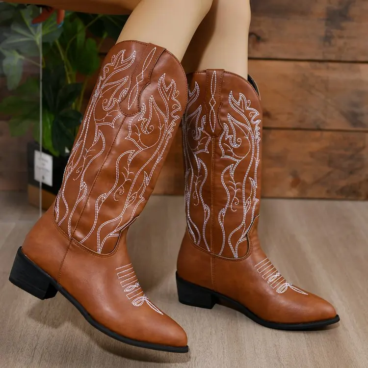 Factory Size 43 Cowgirl Boots Pointed Toe Autumn Winter Slip-on Mid Calf Women Embroidery Western Cowboy Boots - Image 5