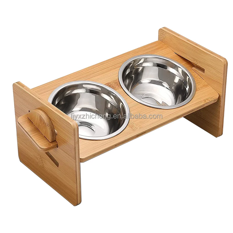 product wholesale elevated raised dog bowl with bamboo stand adjustable pet food feeders bowls for small to medium dogs-2