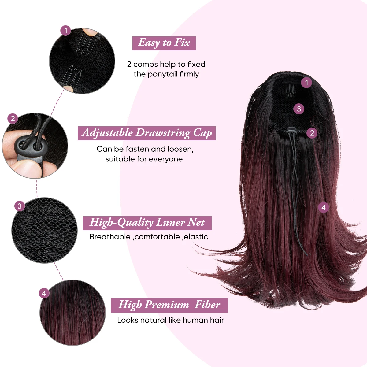 14 Inch Curly Ponytail Extension Drawstring Clip Heat Resistant Synthetic Wholesale 14 Inch Black Synthetic Fiber Curly Wave  main image 3