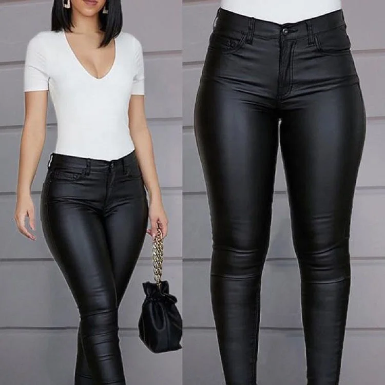 Black Tight Pu Leather Strech Pants Set Women Girls Pu Pants - Buy Pu ...