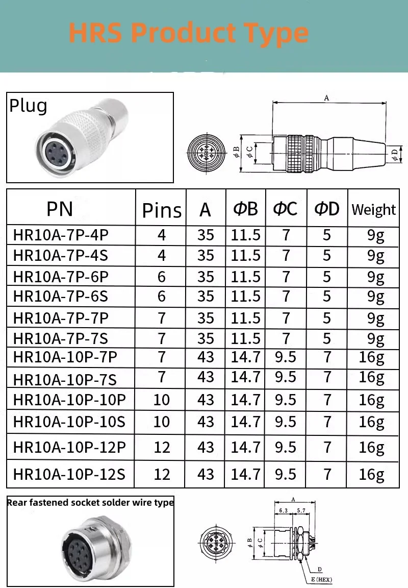 Waterproof Cable HR10A-7P-6S 4 6 7 10 12 Pin Industrial Camera Power Plug Female Male Aviation Connectors