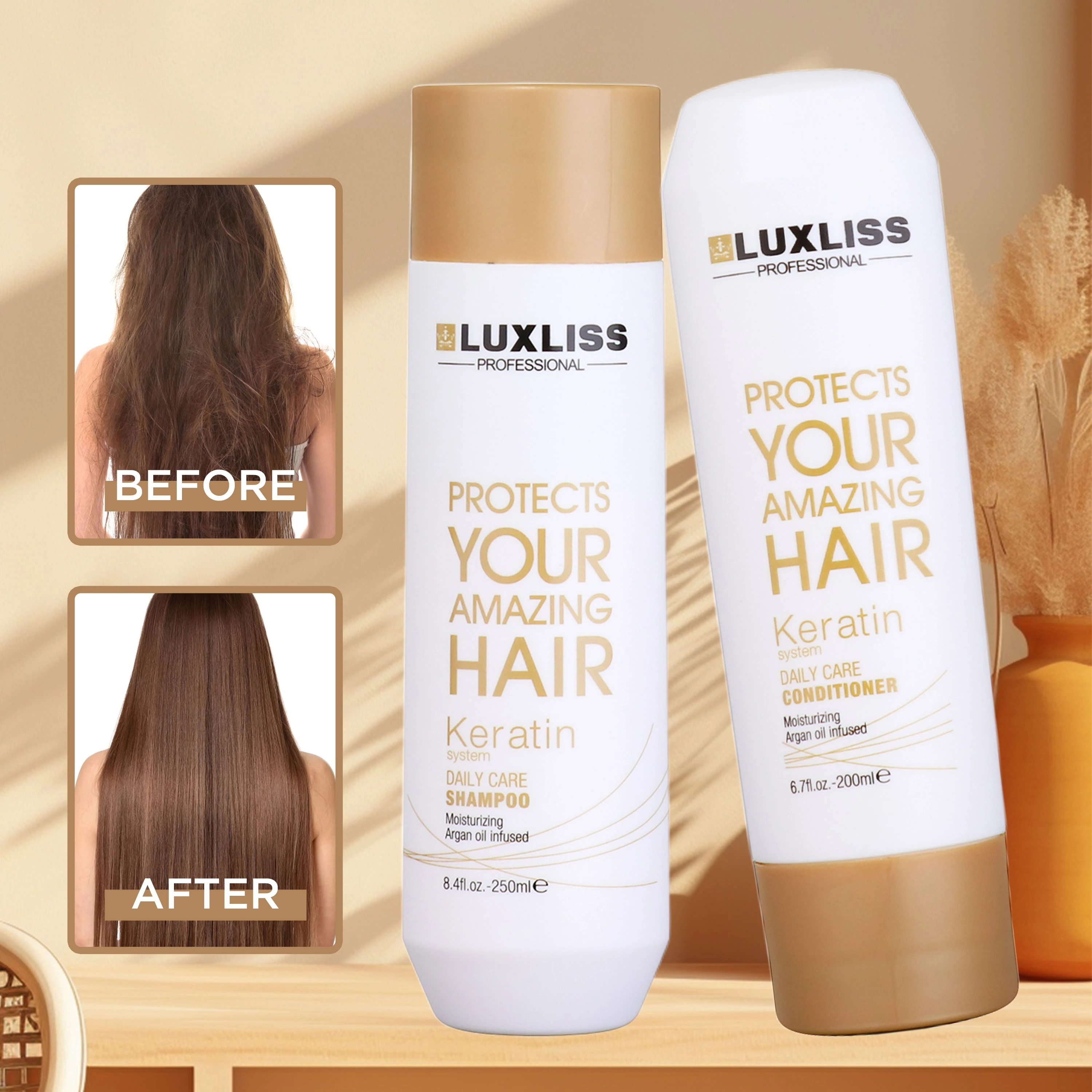 LUXLISS Private Label Moroccan Oil Argan Clarifying Keratin Daily Shampoo and Conditioner Smooth Damaged Hair Salon Products