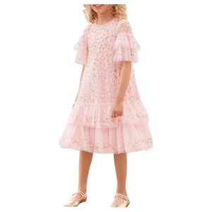 Girls Kids Sparkling Sequined Tulle Short Sleeve O - Neck Knee Length Evening Dress Children's Delicate Layered Fluffy Gown