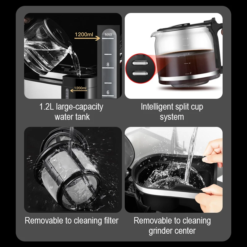 Digital Programmable Combo 2 in 1 Whole Bean to Cup Automatic Grind and Brew Electric Drip Coffee Maker with Grinder Machine