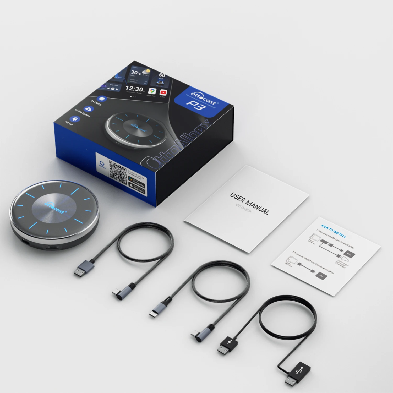 Ottocast OttoAiBox P3 Wireless Android AI Box 8+128G Original Android Auto Plug in HDMI Output for Most Cars