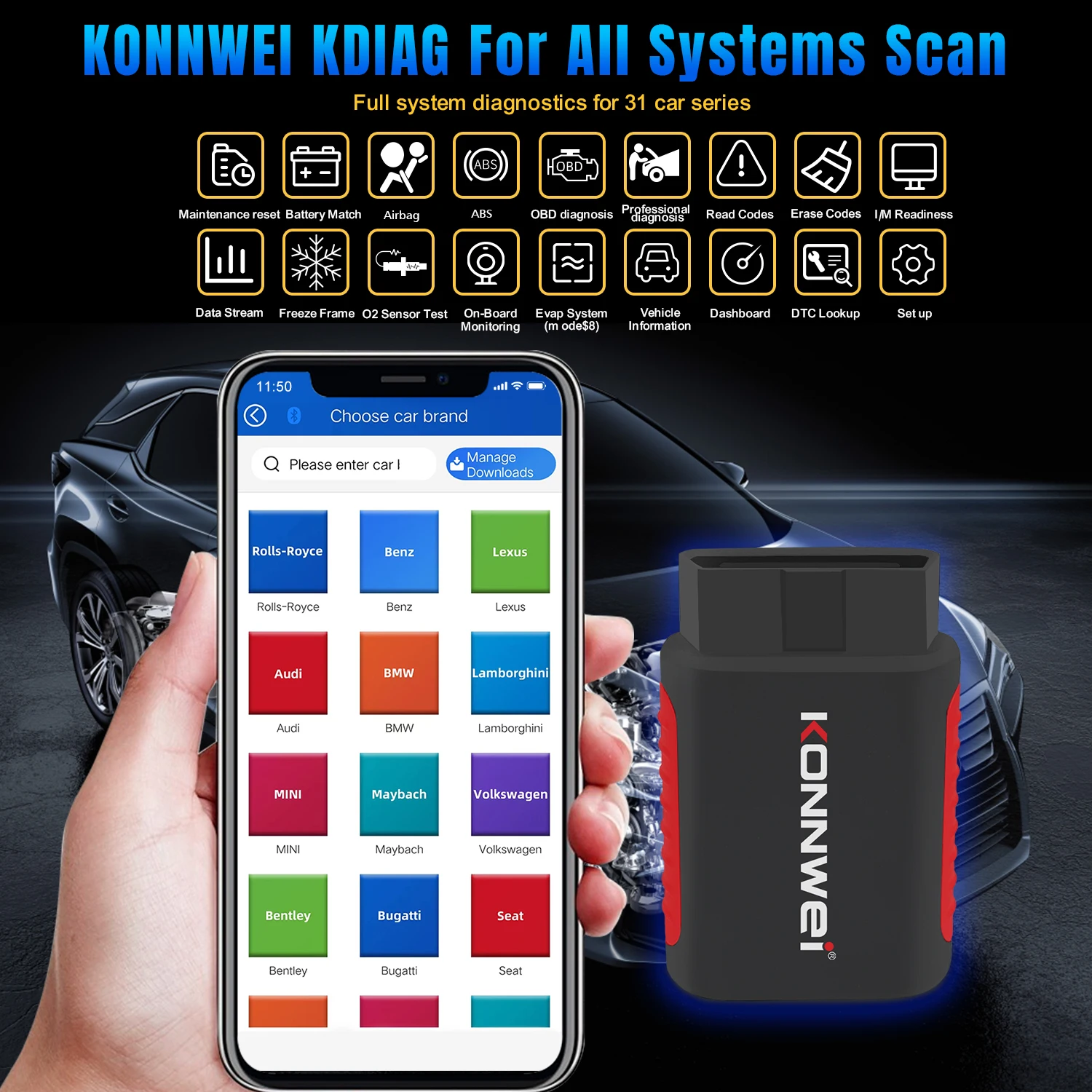 KONNWEI KDIAG Factory Universal OBD2 Scanner Diagnostic Tools Full System Scanner with ABS air Bag for vw for benz for bmw  Cars