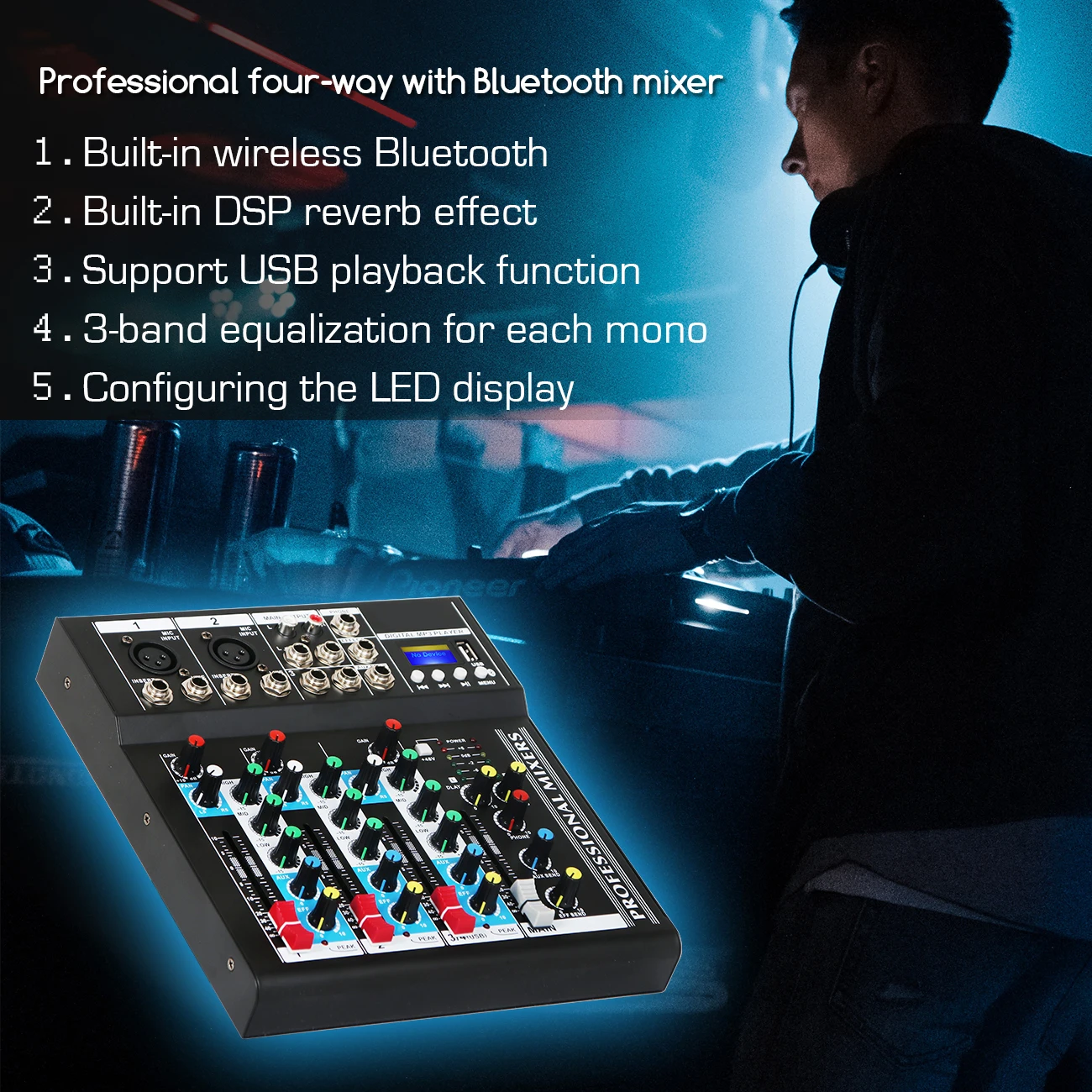 Depusheng HT4  Professional Portable Stage Performance DJ Sound Controller 4 Channel Mini Audio Mixer