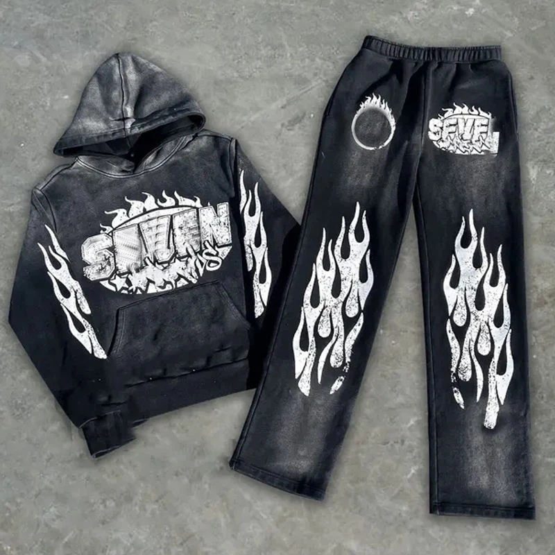 Custom High Quality Distress Acid Wash Hoodie and Sweatpants Set Vintage Tracksuit Sweatsuit Sweat Stack Flare Pant Suit for Men