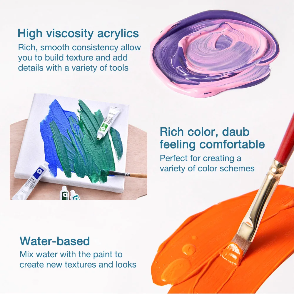 SINOART 12ml Acrylic Color Paints Tubes 12 Basic Colors Acrylic Painting Set Professional Acrylic Paint for Peinture Acrylique