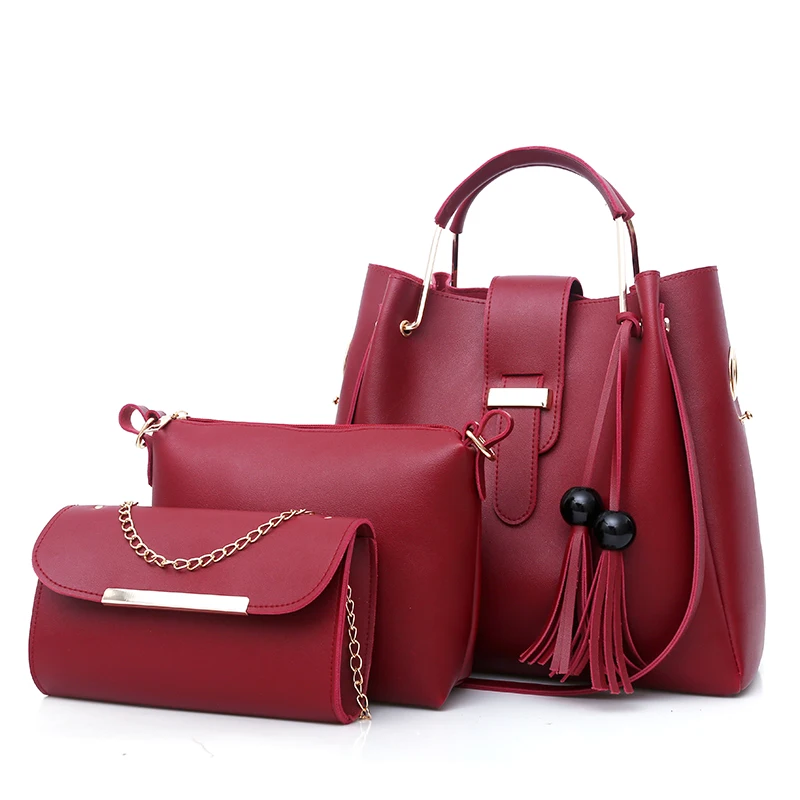 Wholesale Custom High Quality Elegance Ladies Red Leather Formal Hand Bags Sets 3 in 1 Handbags for Women