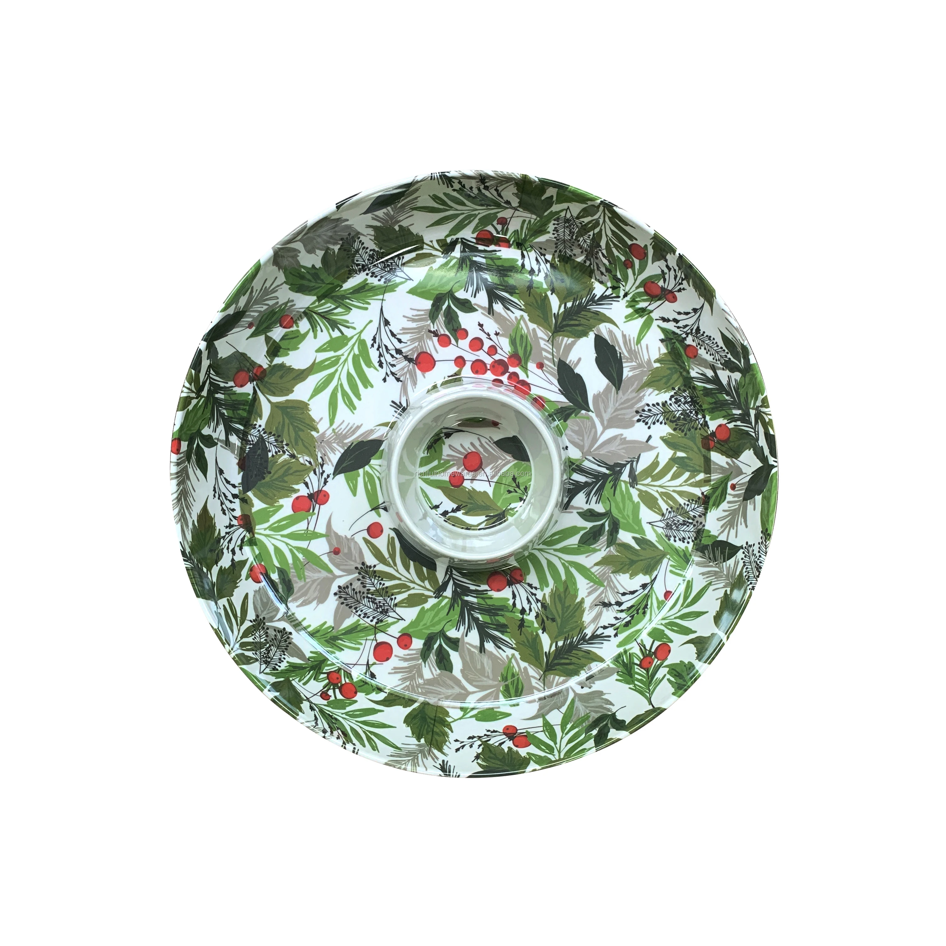 16 Inch Heavy Melamine Glossy Round Chip Dip Tray With Christmas Design ...