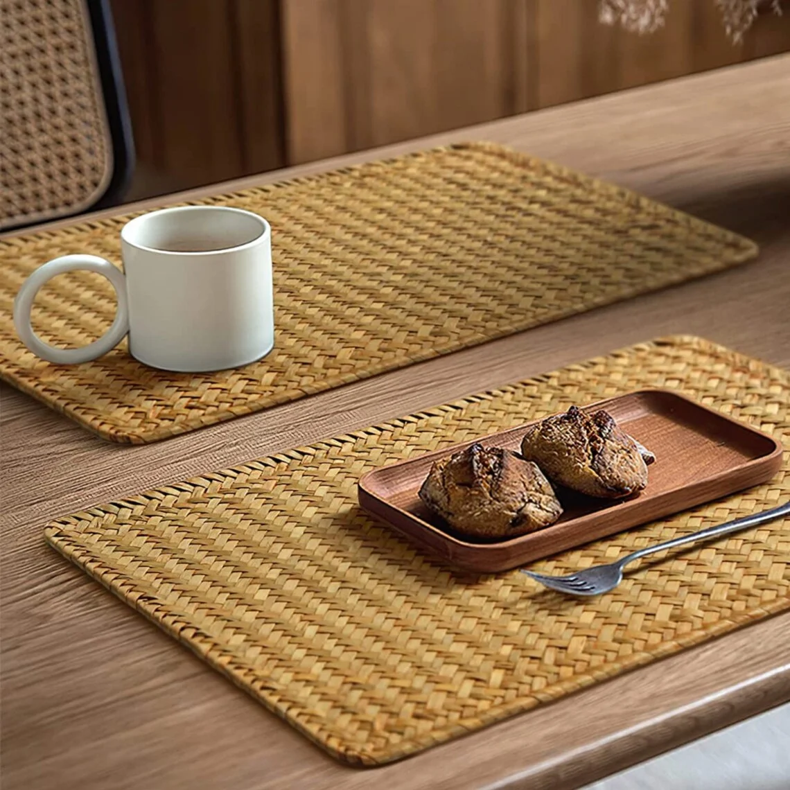 Japanese Style Rectangular Woven Placemats Seagrass Wooden Mats Wipeable Reversible Pads