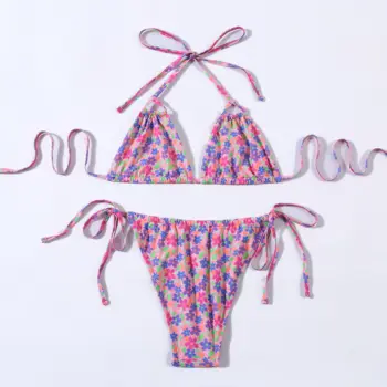 Adult Floral Print Triangle Bikini Set Underwire Swimsuit with Tie Side Bottom Plain Dyed Technique