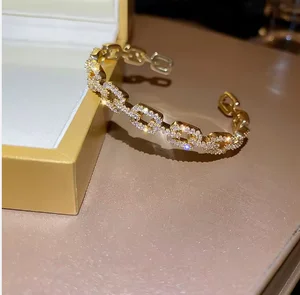 Low MOQ Personalized 14K Gold Plated Hollow  Shiny Zircon Chain Bracelet for Women  Cuff Bangles Wedding Jewelry Gift