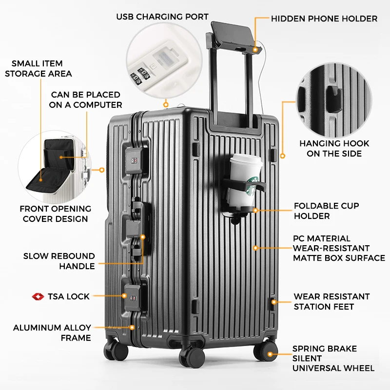 28 Inch Reinforced Thicken Aluminum Frame Travel Luggage Large Capacity PC Suitcase Anti-Theft Password Front Open Trolley case