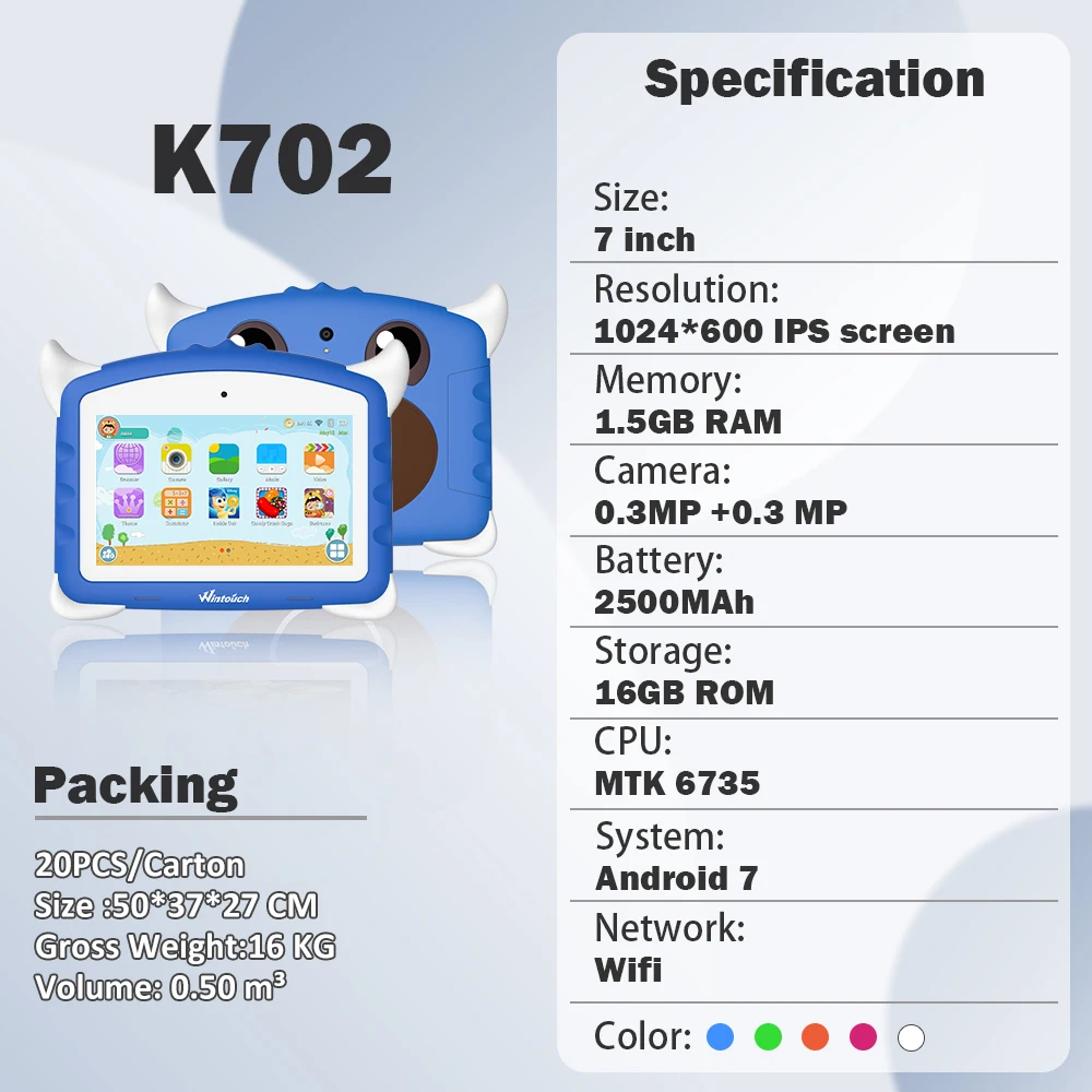 New Design 7 Inch Tablet Wifi Quad Core Kids Tablet for Kids Gift Game Apps Android 7.0 1GB RAM 16GB ROM Tablet PC