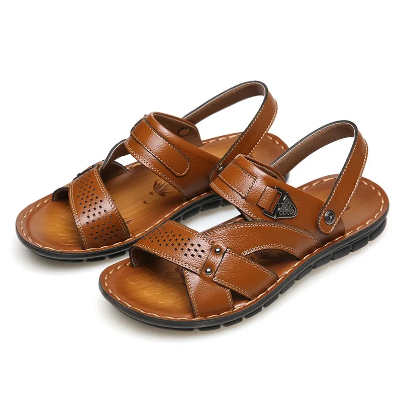 Модные мужские кожаные тапочки сандалии летние дышащие мужские кожаные сандалии