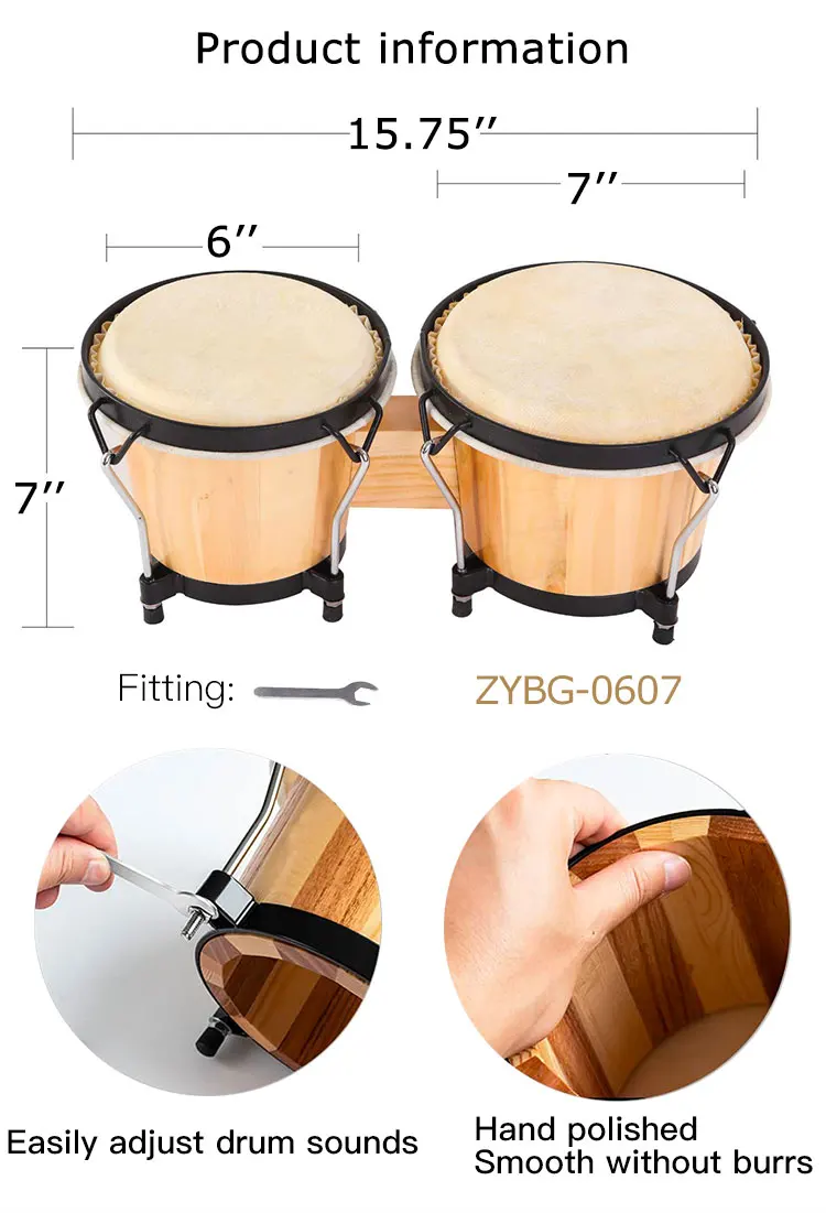 China Factory Bongo Drums 6 Inch And 7 Inch Wood Percussion Instrument