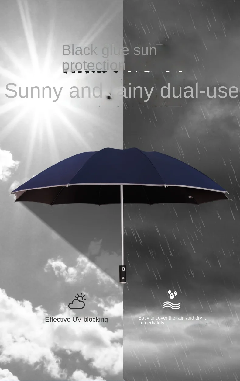 Outdoor 23inch 10 ribs windproof auto open button led flashlight 3 folding light umbrella black with printing  logo